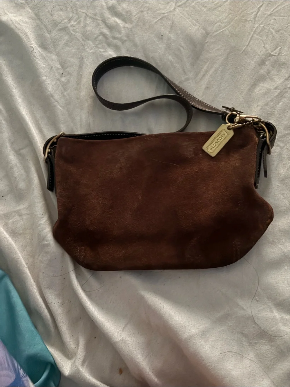Coach Brown Suede Crossbody with Leather Strap and Gold Tag